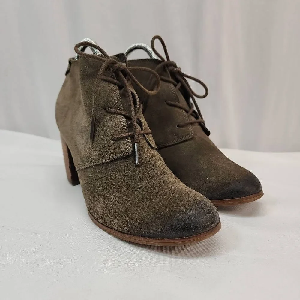 Toms Size 9 Lunata Tarmac Gray Suede Lace-Up Distressed High Heel Boots shoes Wo